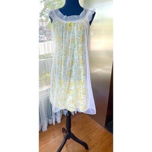 Vintage 60s babydoll dress, yellow floral sheer negligee, sleeveless, 4/6 (S)